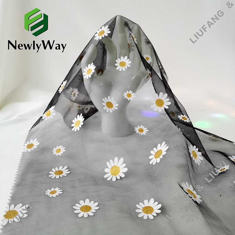 कपड़ों के लिए 100 नायलॉन सोने के फूल की पन्नी मुद्रित ट्यूल मेष फीता कपड़े-11
