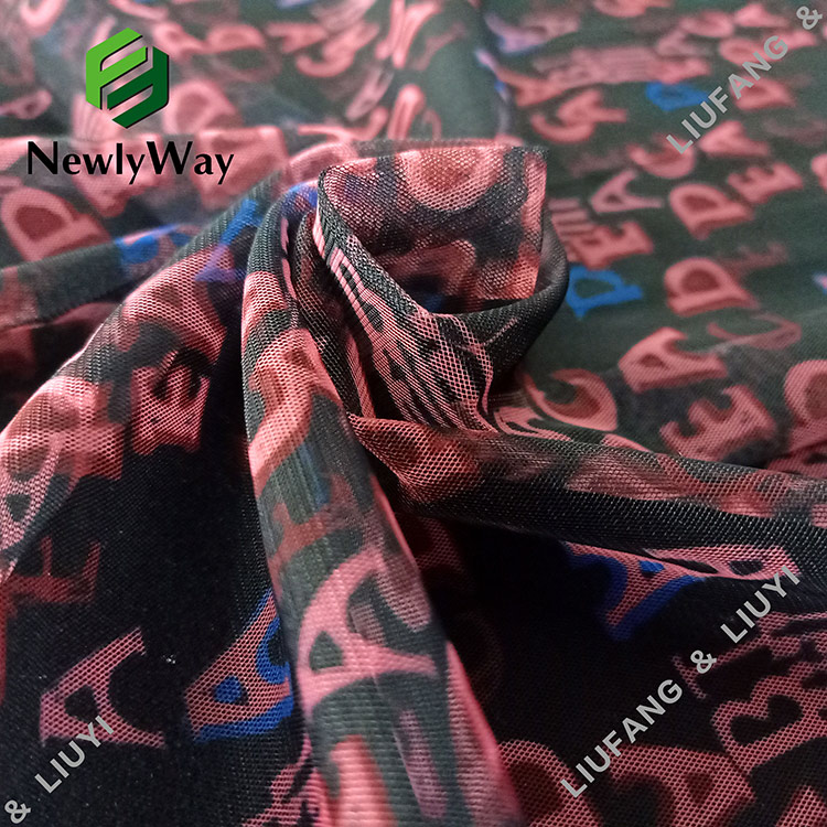 Азбучен шарени печатени тул полиестер мрежа тантела ткаенина за здолништа-14