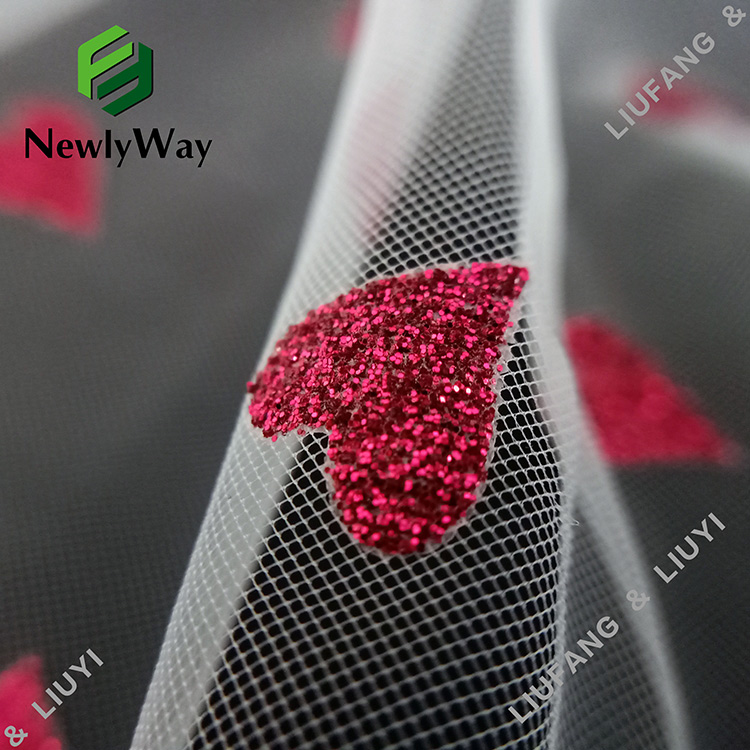 Gamyklinis pardavimas nailono medžiagos širdelės formos blizgantis tiulis tinklinis nėriniuotas audinys suknelėms-14