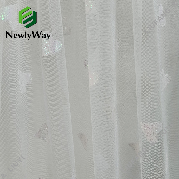 판타지 하트 모양의 호일 인쇄 및 반짝이 흰색 얇은 명주 그물 폴리 에스테르 메쉬 레이스 원단 드레스-12