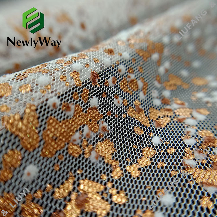 Fashion berkelompok dan rose gold foil dicetak tulle polyester mesh kain renda-1