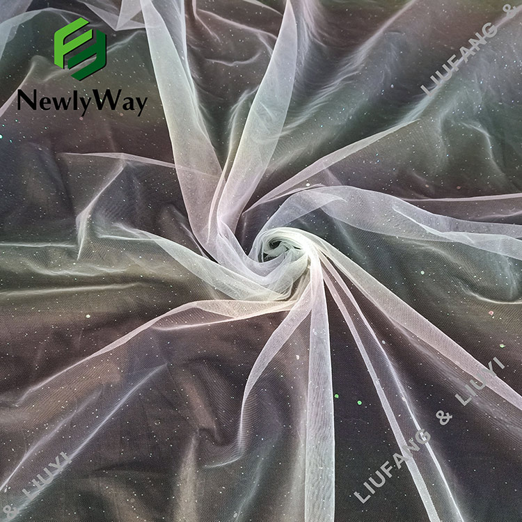 Модни најлонски материјал у боји одштампа и светлуцава чипкана тканина од тила за хаљину-12