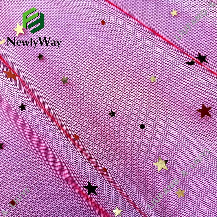 Polyesterová síťovaná krajková tkanina se zlatými hvězdami, červený tyl, pro šaty-11