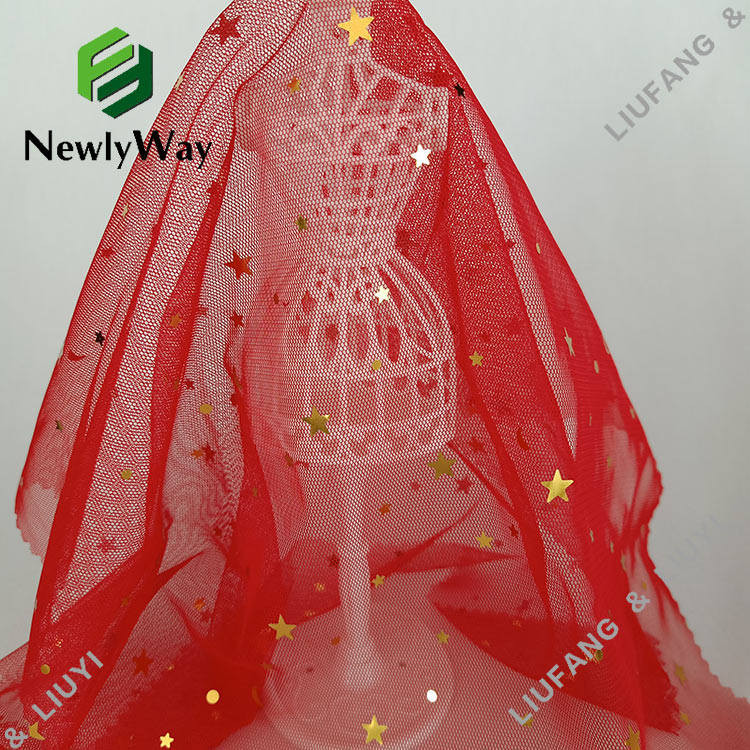 Gouden ster pailletten rode tule polyester mesh kant stof voor jurk-13