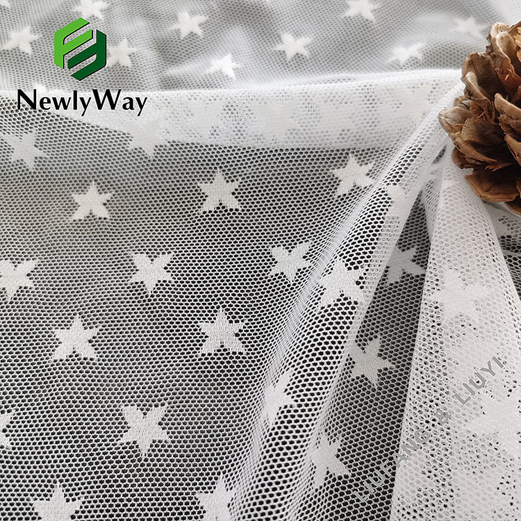 Tela de malla de tul blanca de estrella de punto de urdimbre elástica de nailon de alta calidad para vestidos de novia-3