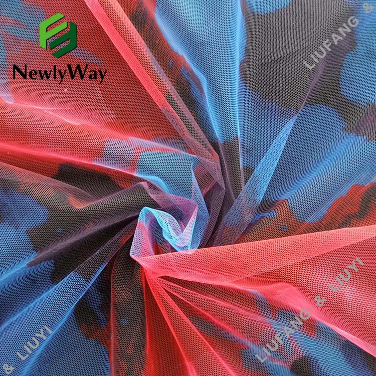 အဝတ်အစားအတွက် ဖက်ရှင်အသစ် ရောစပ်ထားသော ရောင်စုံပုံနှိပ်ထားသော Polyester Tulle Mesh Lace Fabric-14