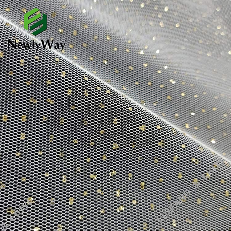 Polyester Gold Glitter White Tulle Mesh Lace Fabric bakeng sa Moaparo oa Lady's-5