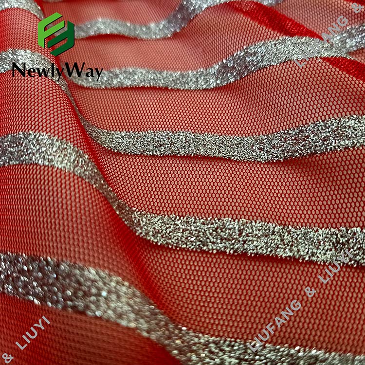 Tessuto di pizzo a rete di poliestere in tulle rosso glitterato con strisce a nastro per Dress-2