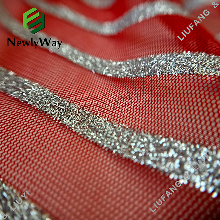 Sliver Stripes גליטר אדום טול פוליאסטר בד תחרה רשת לשמלה-5