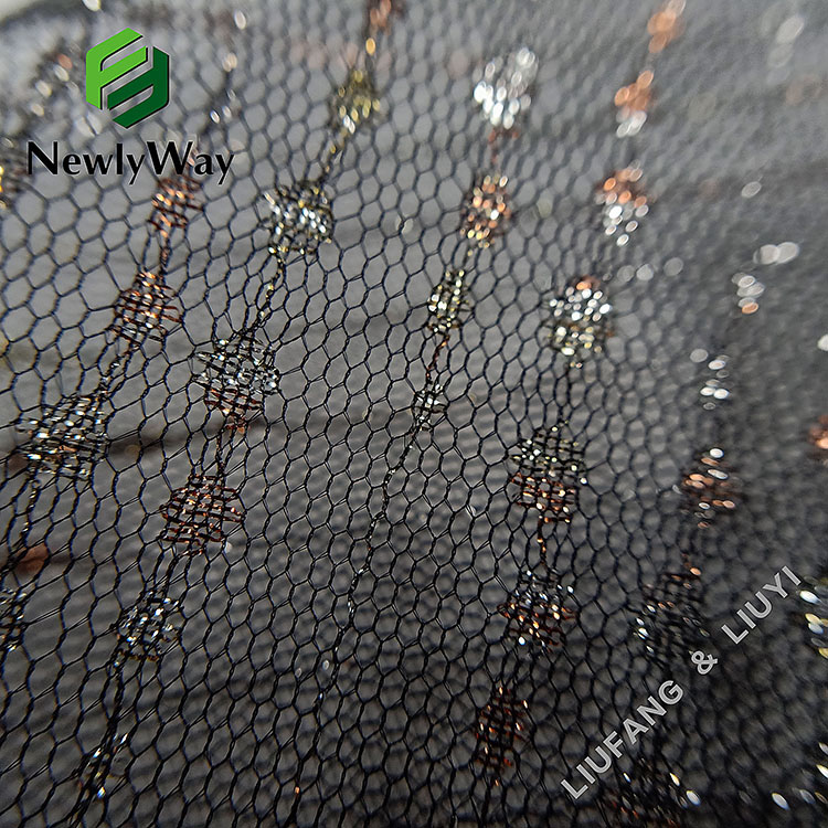 Iskrivá nylonová zlatá priadza sieťovaná čipkovaná tylová tkanina na odevné doplnky-13
