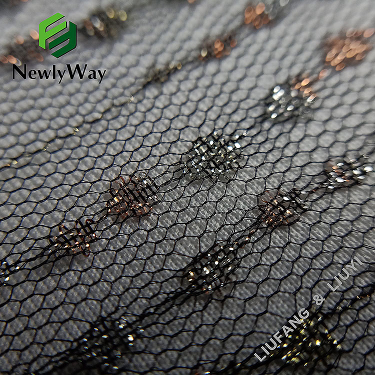 Tela de tul de encaje de red de hilo dorado de nailon brillante para accesorios de ropa-15