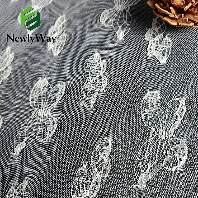 Tecido de malla de malla de tul de encaje de mariposa de punto de urdimbre de nailon súper fino para encaje de novia-11