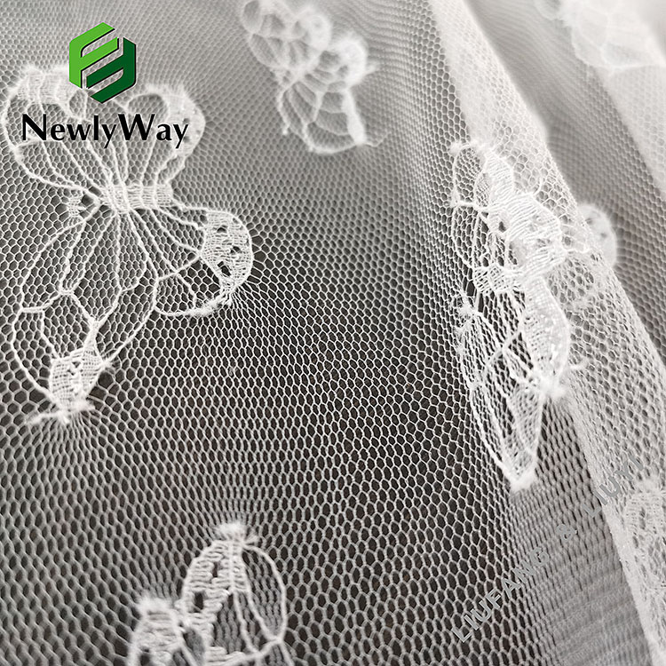 Super thin nylon warp knitted butterfly lace tulle mesh netting fabric para sa bridal lace-12