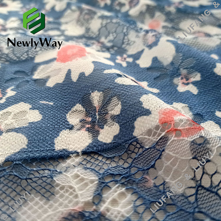 biru floral printed polyester cotton warp rajutan mesh renda kain kanggo dressmaking-11