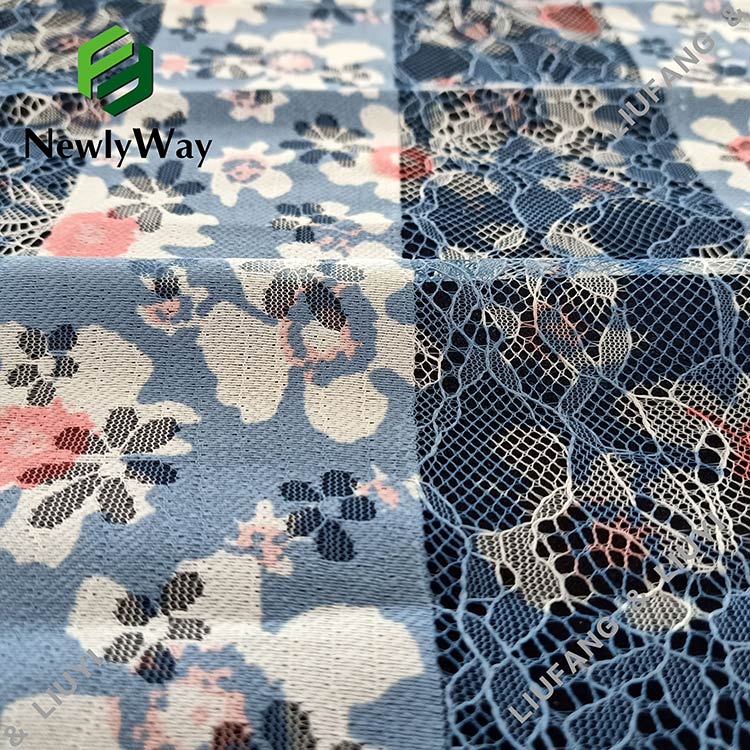 biru floral printed polyester cotton warp rajutan mesh renda kain kanggo dressmaking-13