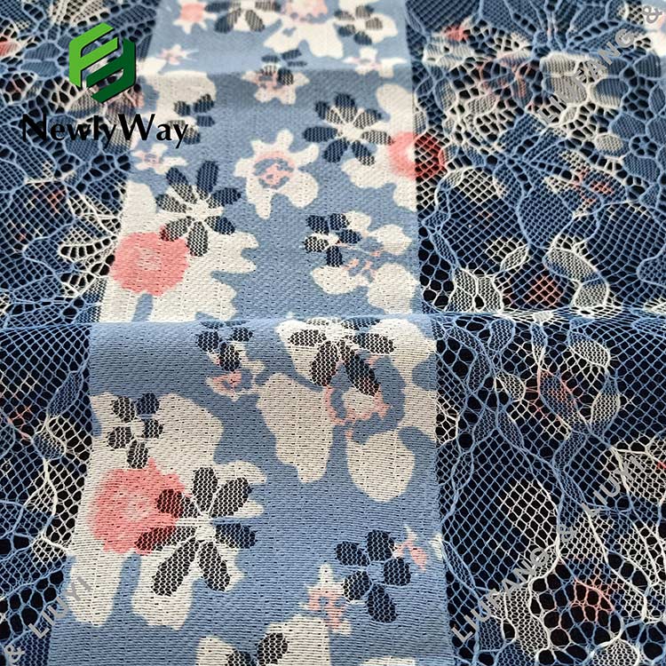 biru floral printed polyester cotton warp rajutan mesh renda kain kanggo dressmaking-14