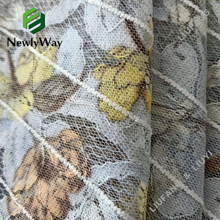 флорално щампована полиестерна памучна мрежа дантелена основа плетена тъкан за дрехи-12