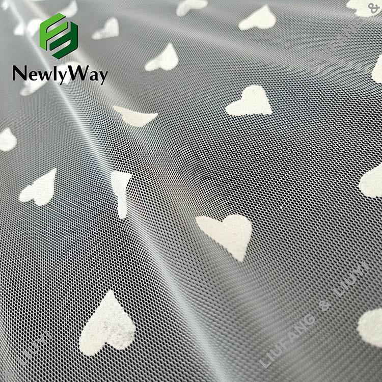 Fantasy heart-shaped foil printed and glitter white tulle polyester mesh lace fabric for dresses-11