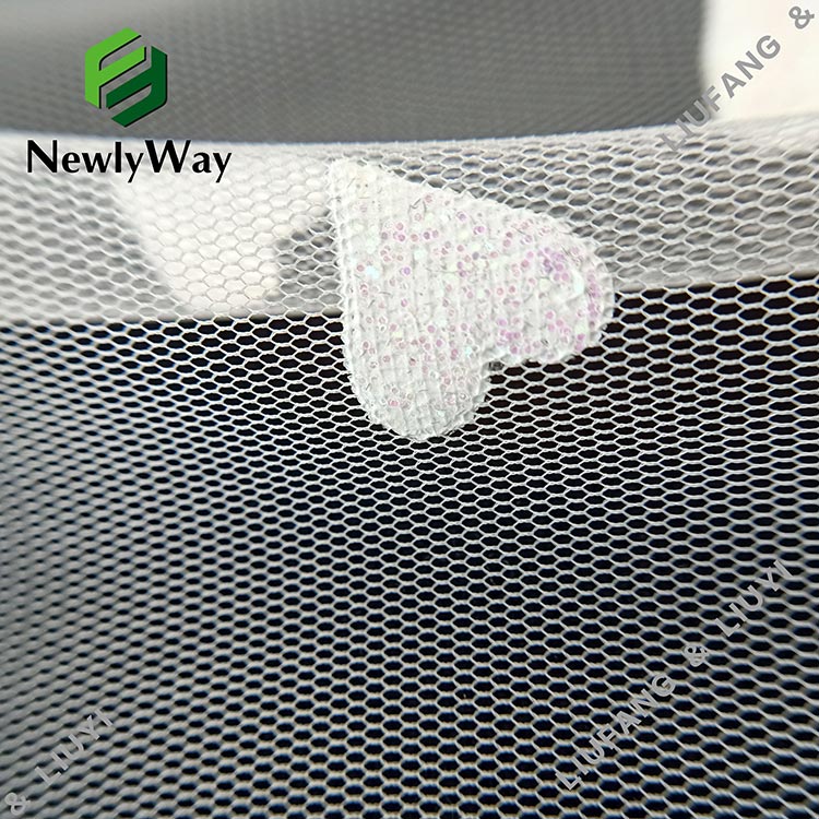 Fantasy heart-shaped foil printed and glitter white tulle polyester mesh lace fabric for dresses-5