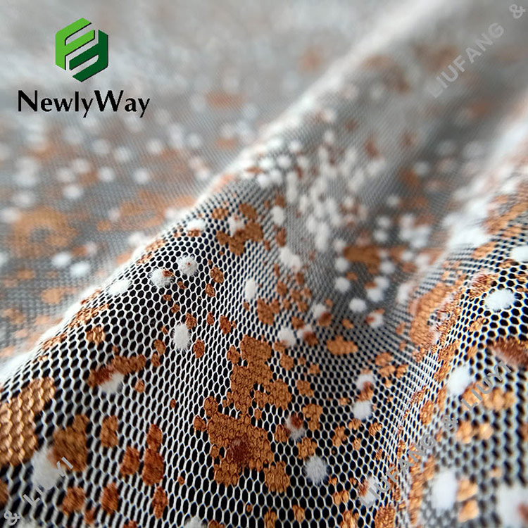 Fashion flocking and rose gold foil printed tulle polyester mesh lace fabric-11