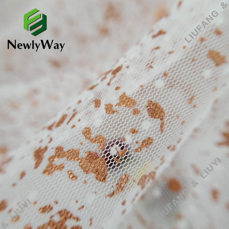 Fashion flocking and rose gold foil printed tulle polyester mesh lace fabric-14