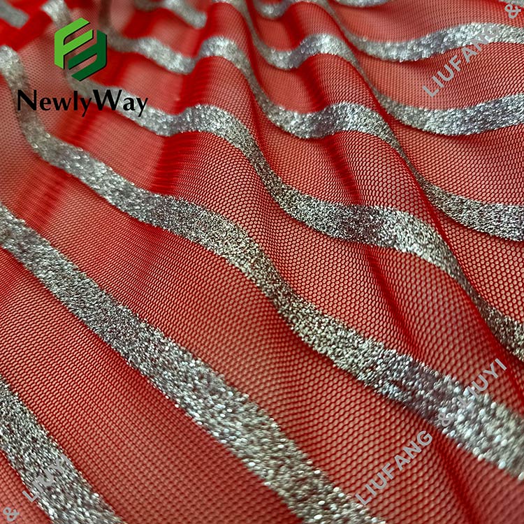 Sliver Stripes Glitter Red Tulle Polyester Mesh Lace Fabric for Dress-3