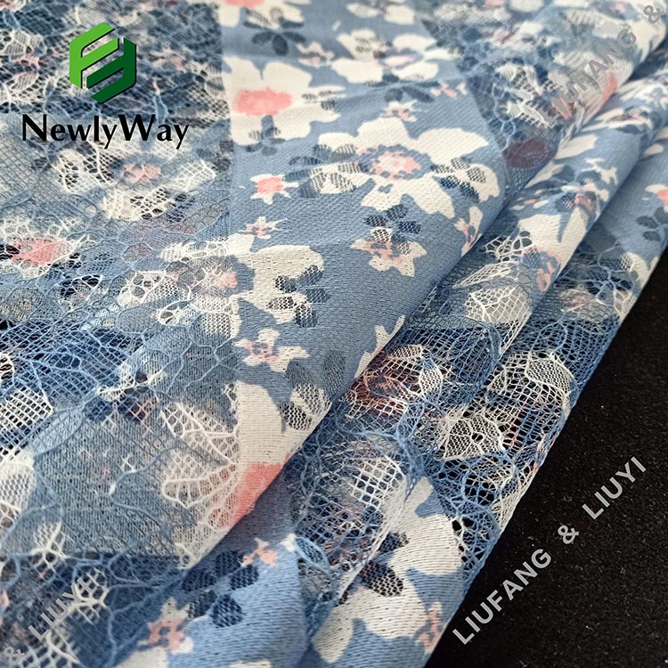 blue floral printed polyester cotton warp knitted mesh lace fabric for dressmaking-12
