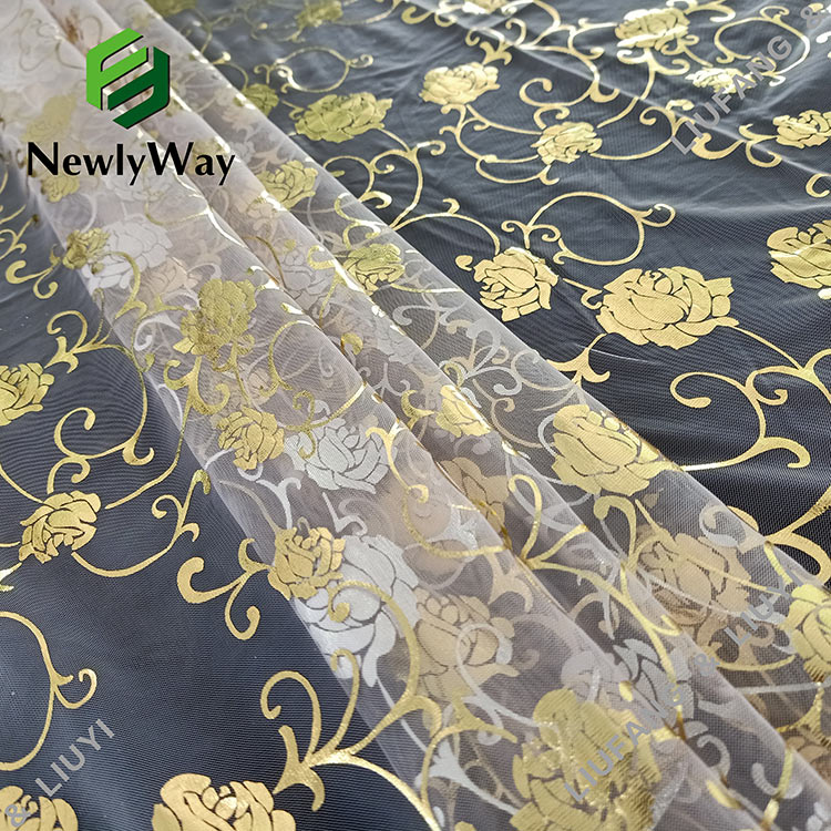 nylon gold rose foil printed tulle mesh lace fabric for wedding decoration-14