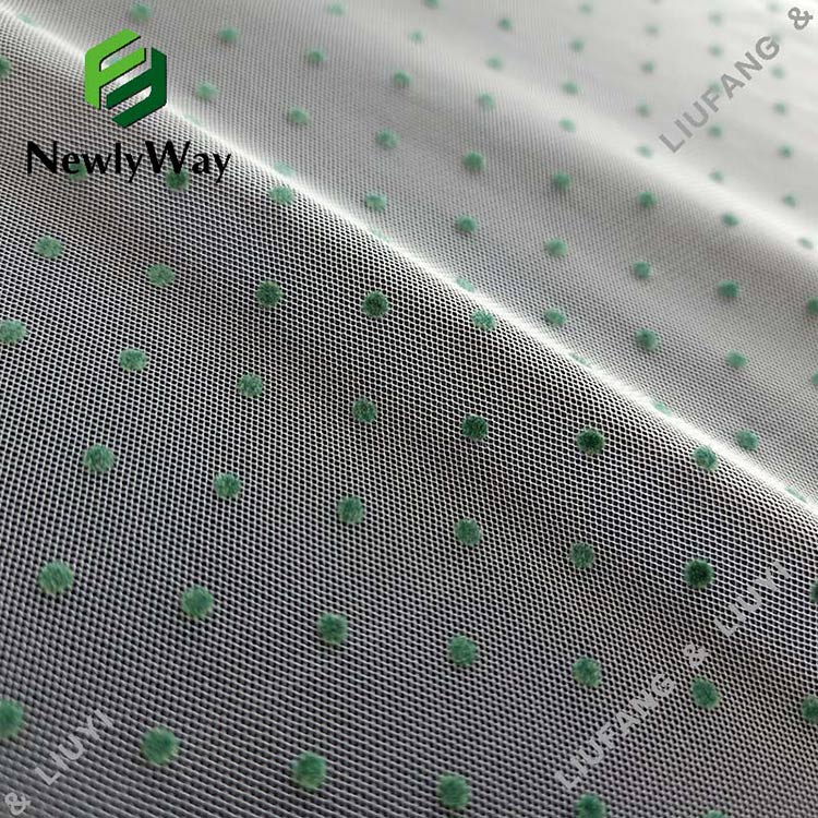 small green polka dot flocking nylon tulle fabric for the dersses-11