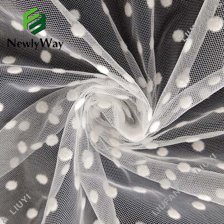 white nylon polka dot flocking  tulle fabric for the clothes-2